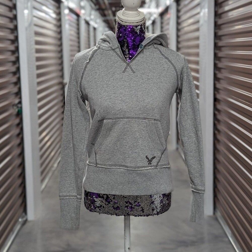 VTG Y2K American Eagle Size XS Grey Fitted V Neck Hoodie Athleisure Preppy